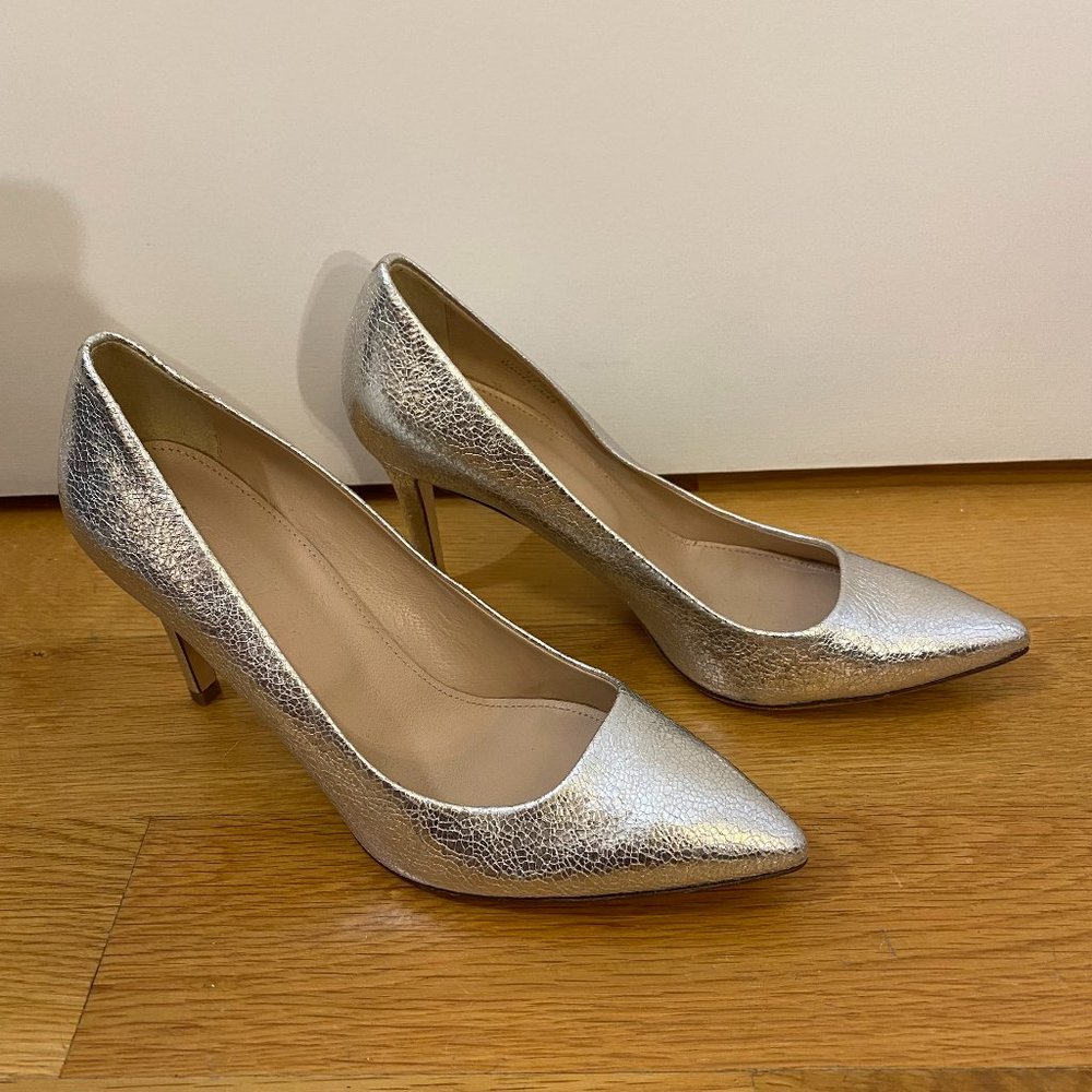 J. CREW $255 Sz 6 Everly Leather Pump Heel Silver Metallic Leather Made in Italy